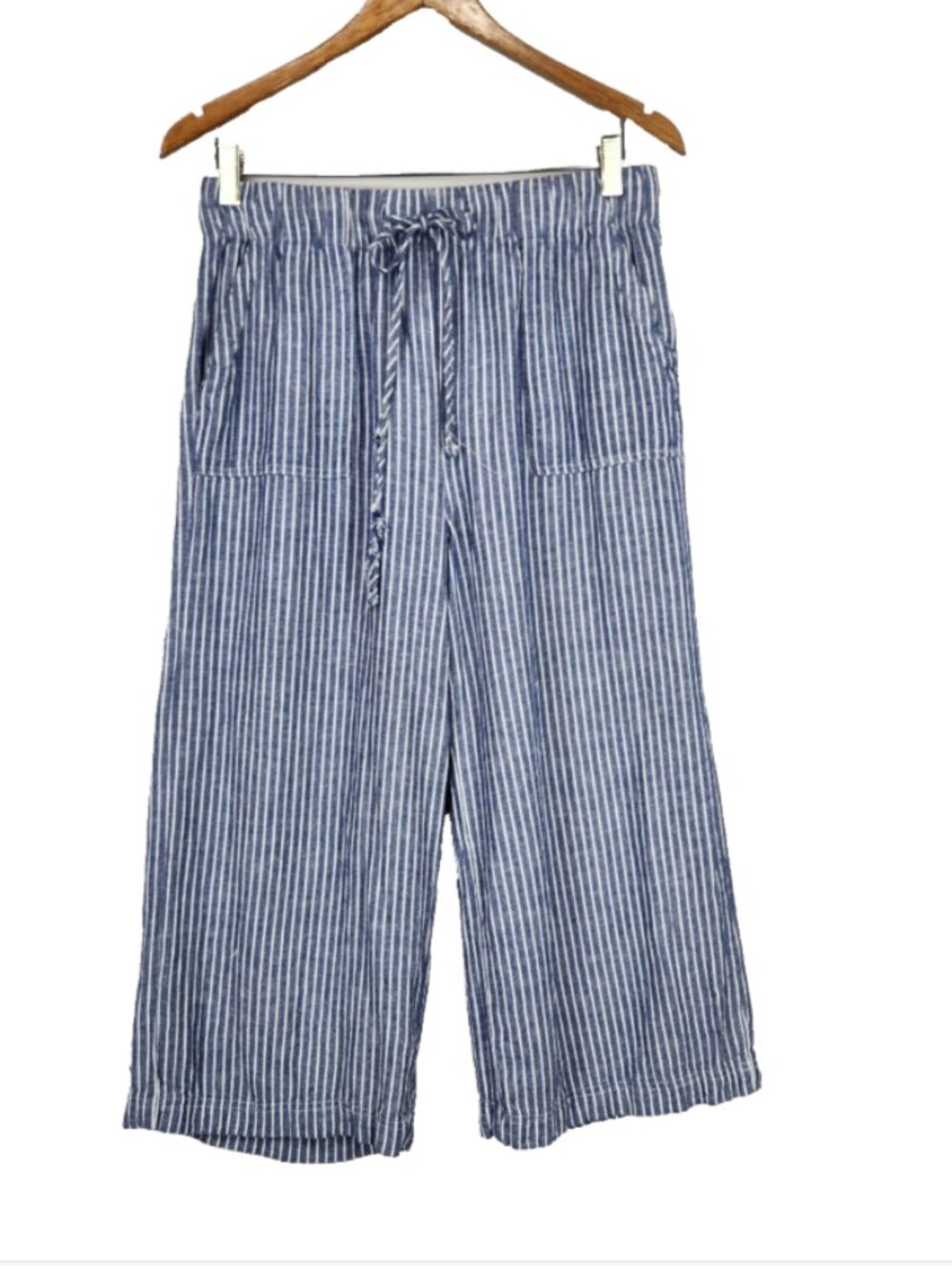 Womens Thread Supply Linen Blend Wide Leg Crop Pants L White Blue Stripe Capri
